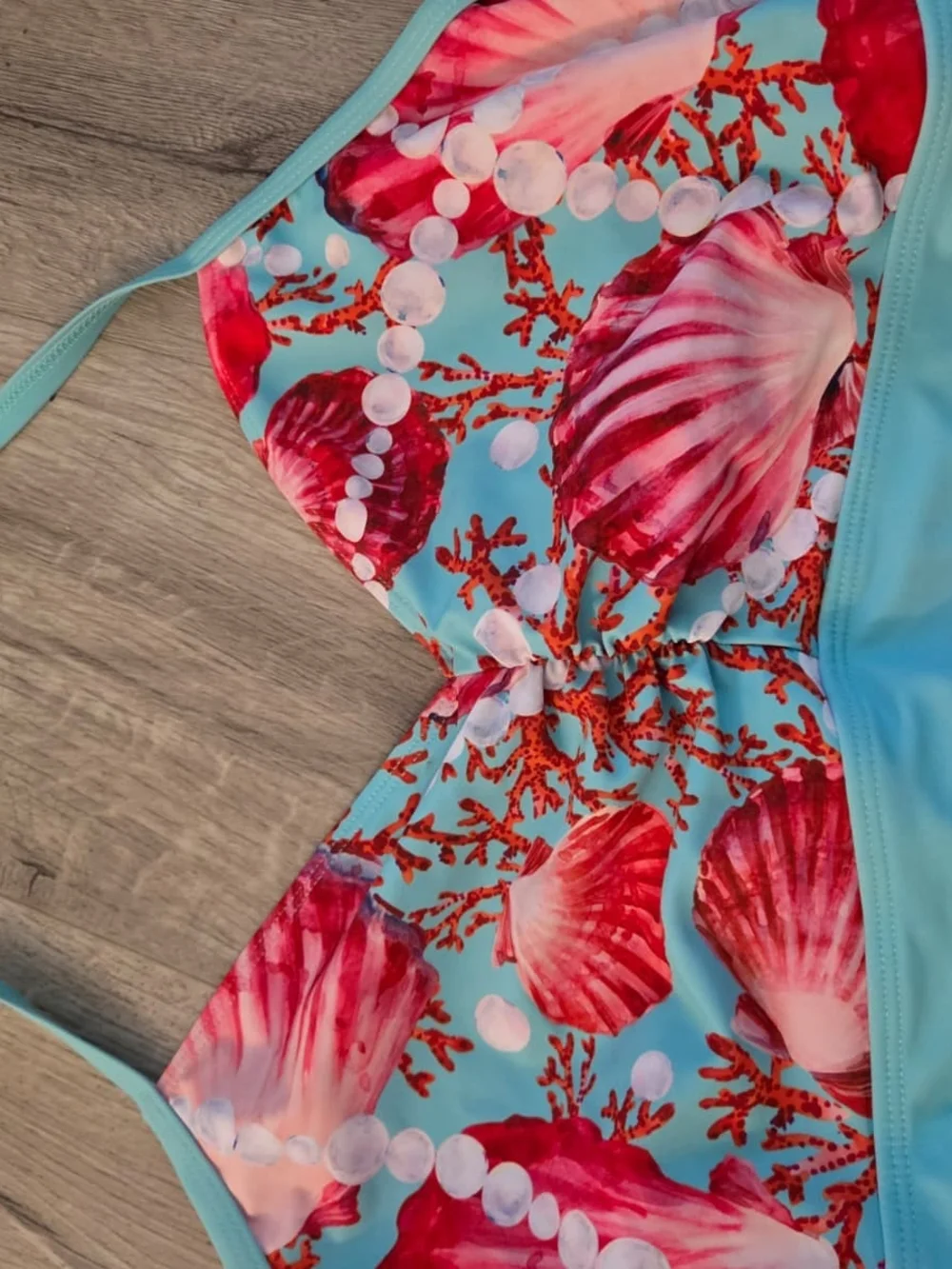 One-Piece Swimsuit in Teal with Pink Shell Print. Plus Size 1X